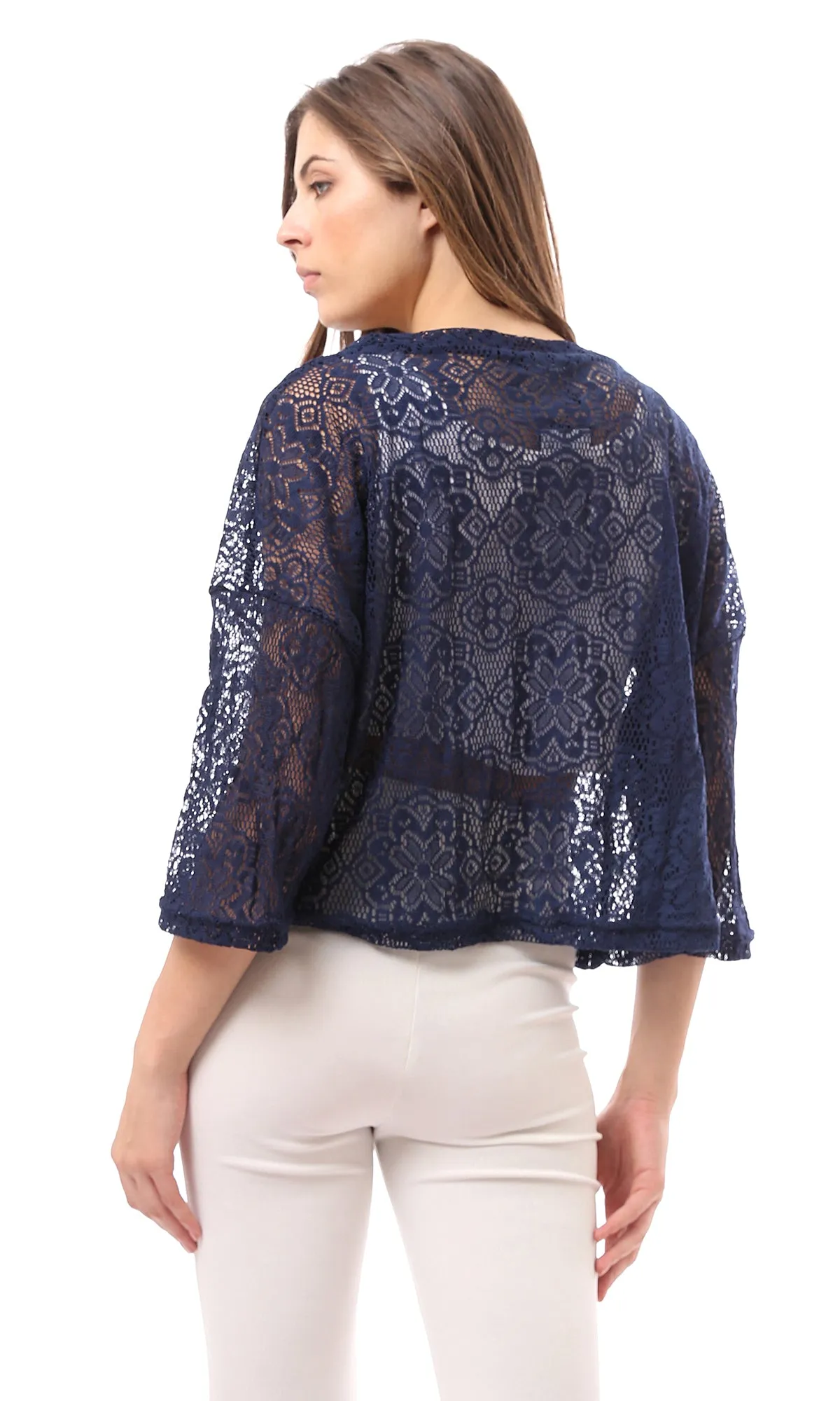 99005 Three Quarter Sleeves Navy Blue Lace Top