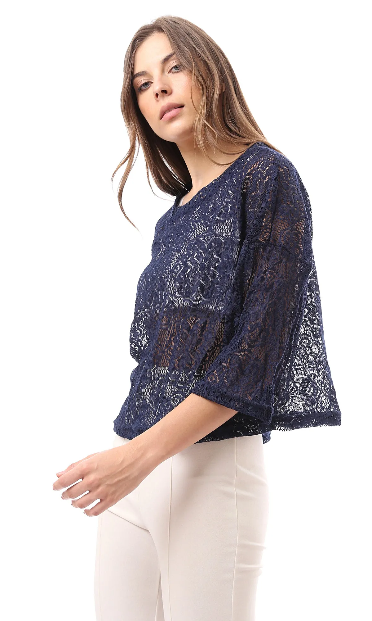 99005 Three Quarter Sleeves Navy Blue Lace Top