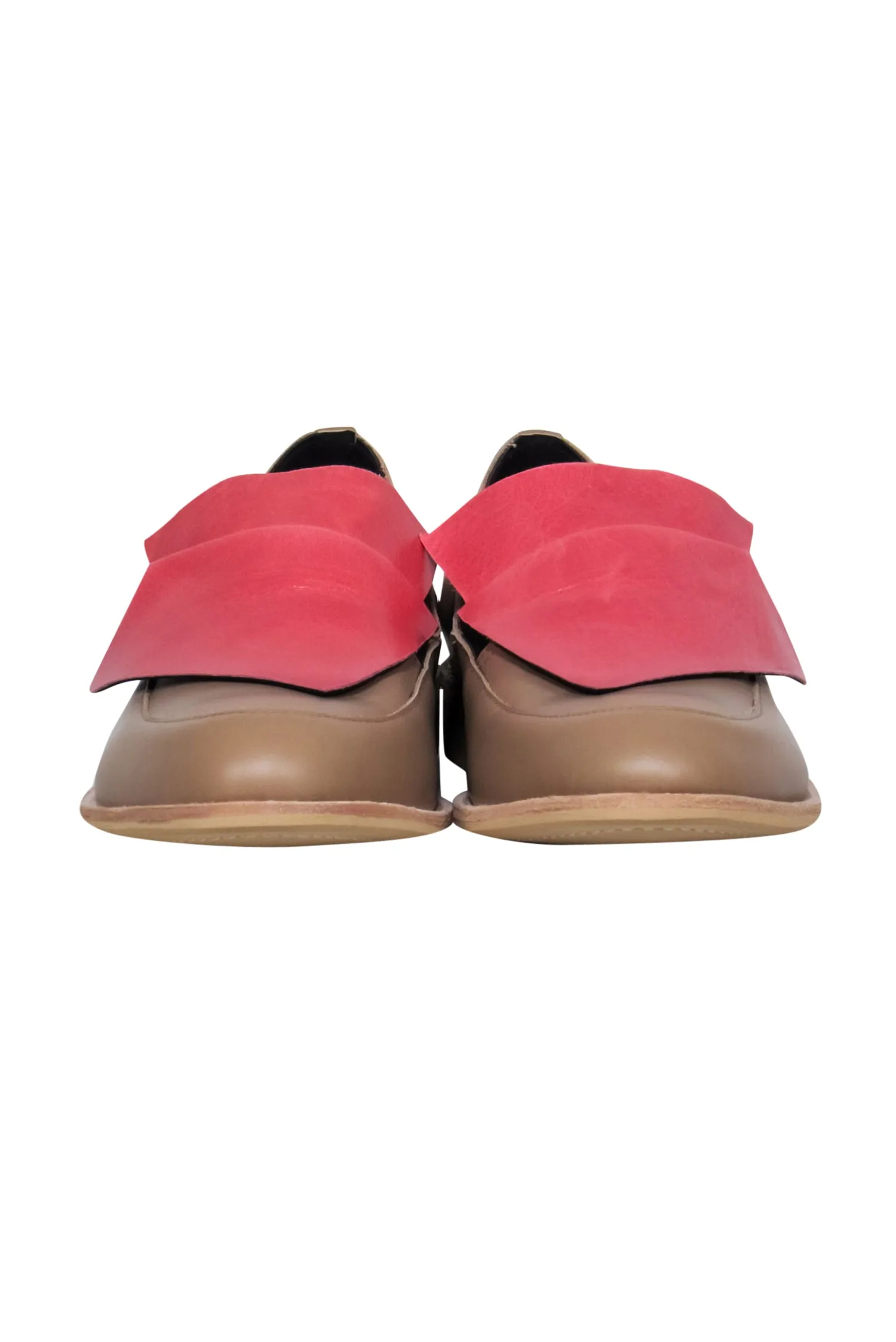 All Black - Tan & Watermelon Pink Flap Design "Flatbow" Leather Loafers Sz 10