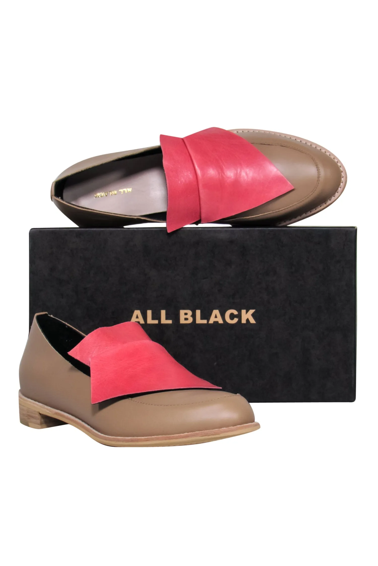 All Black - Tan & Watermelon Pink Flap Design "Flatbow" Leather Loafers Sz 10