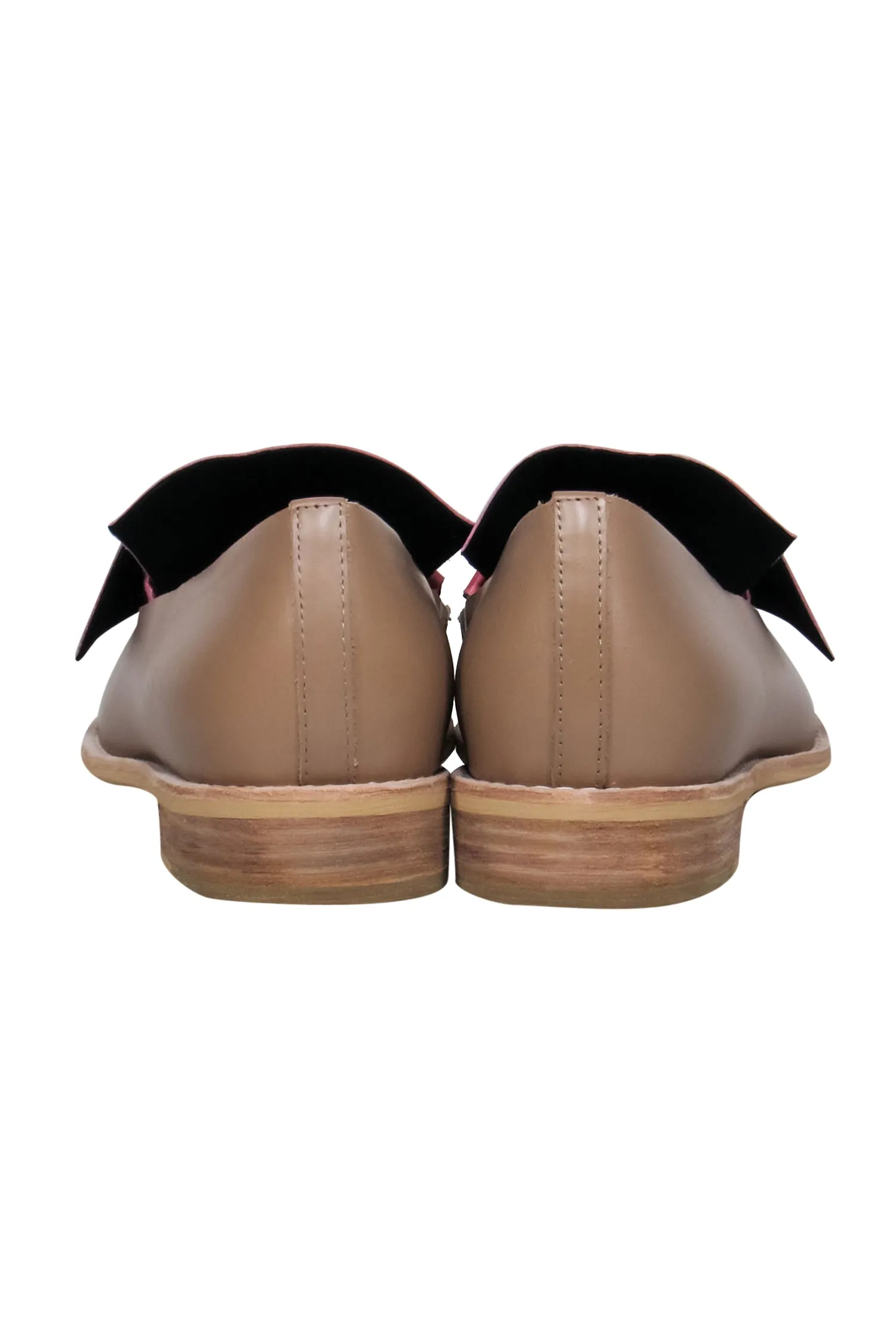 All Black - Tan & Watermelon Pink Flap Design "Flatbow" Leather Loafers Sz 10