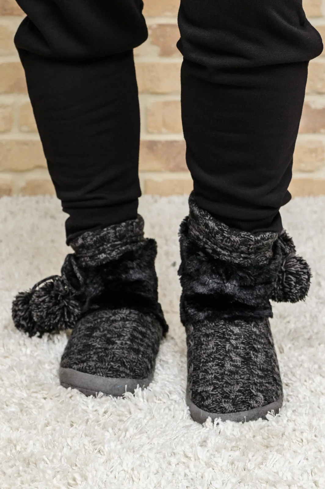 Cable Knit Slipper Boots With Pompom Trim