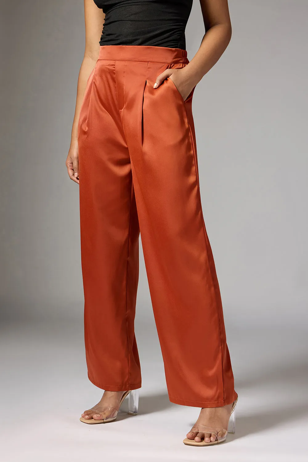 Caramel Rust Satin Straight Korean Pants