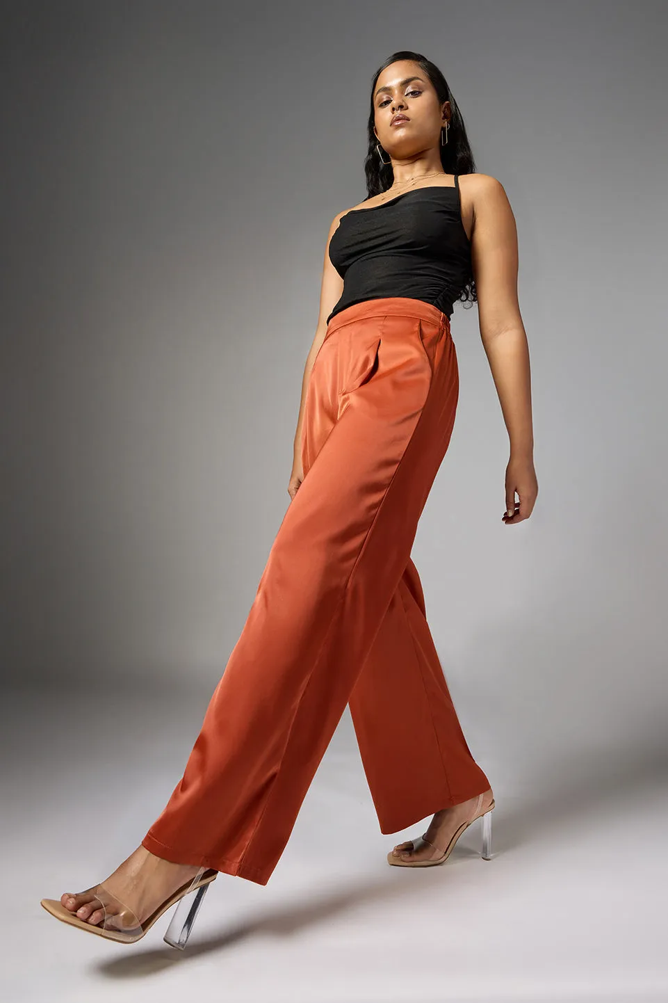 Caramel Rust Satin Straight Korean Pants