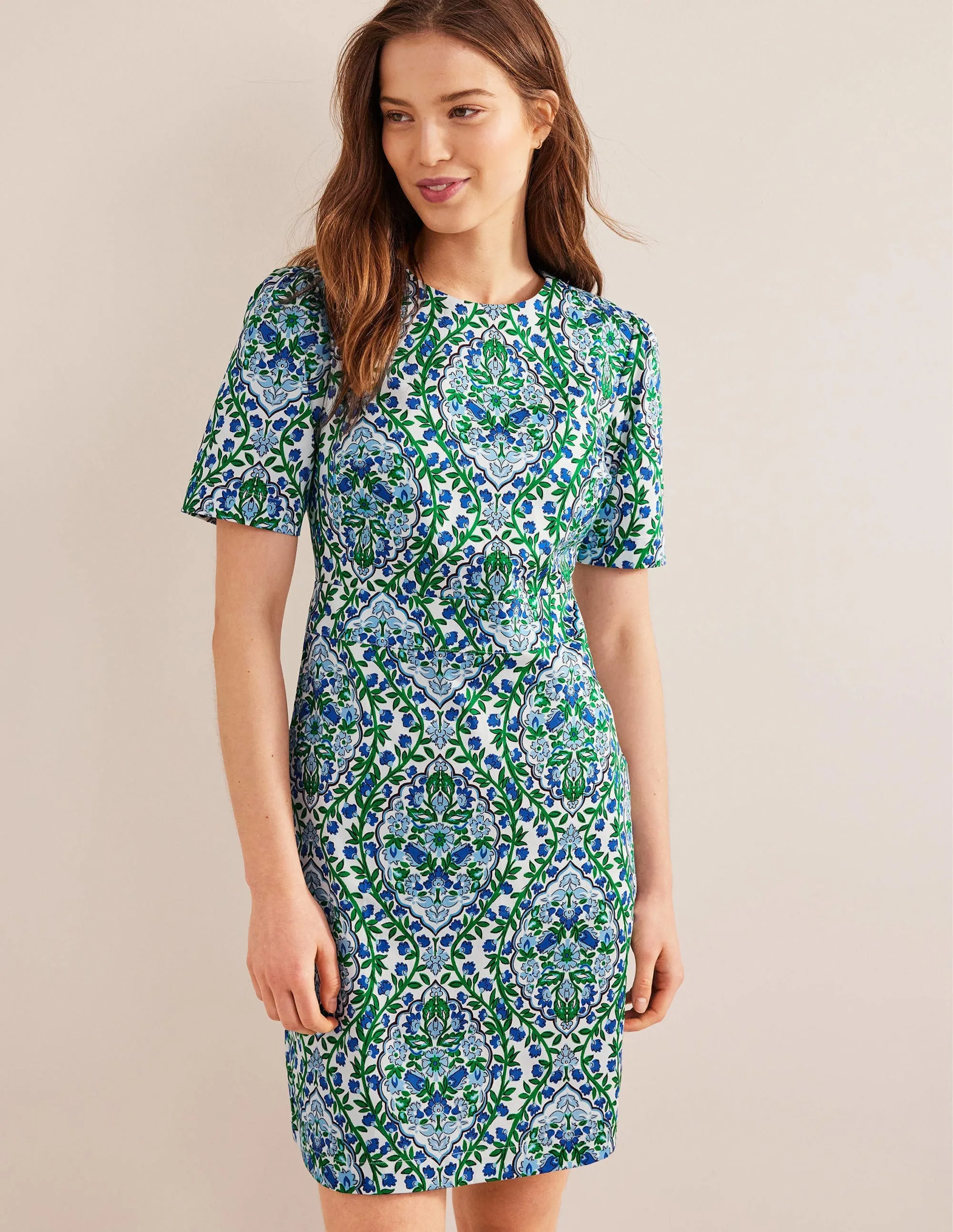 Cotton Mini Shift Dress-Linseed, Vine Terrace