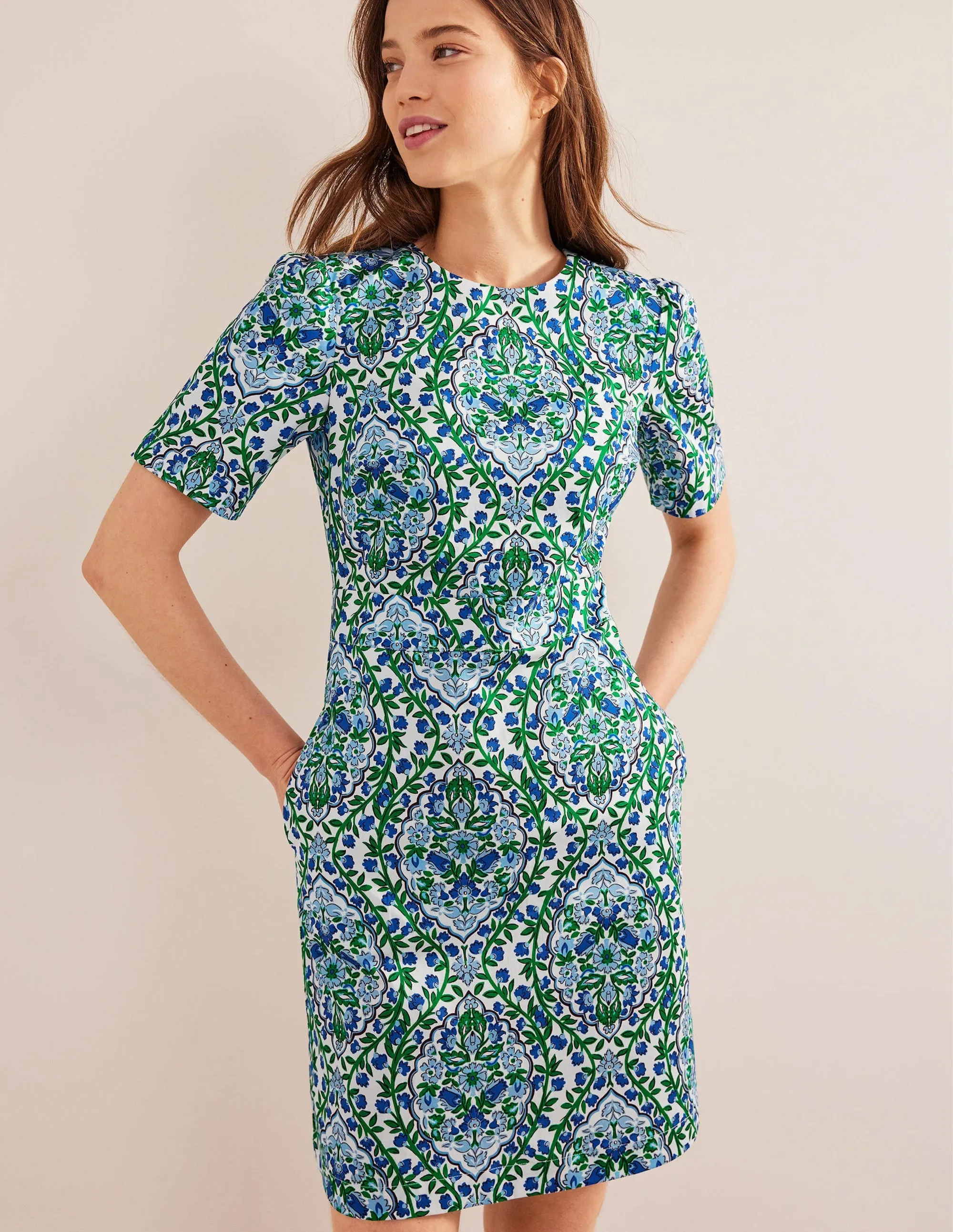 Cotton Mini Shift Dress-Linseed, Vine Terrace