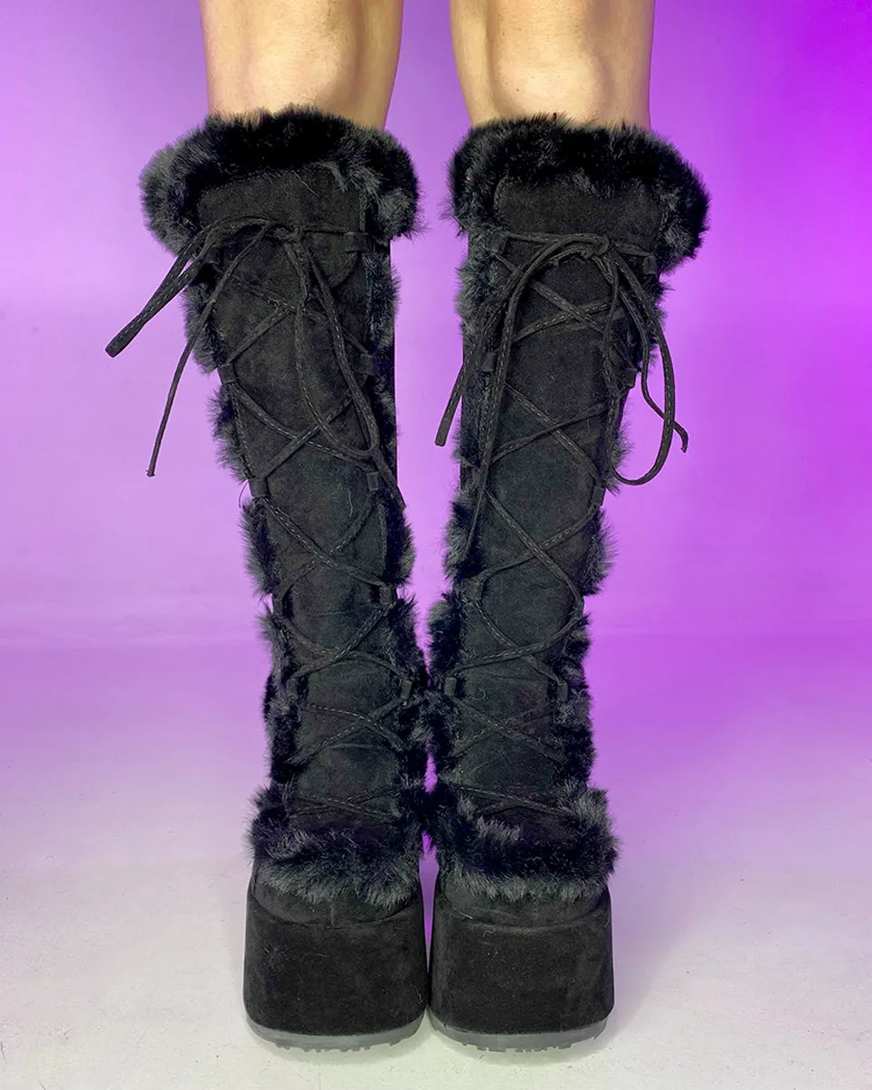 Demonia Black Furry Winter Faux Fur Boots