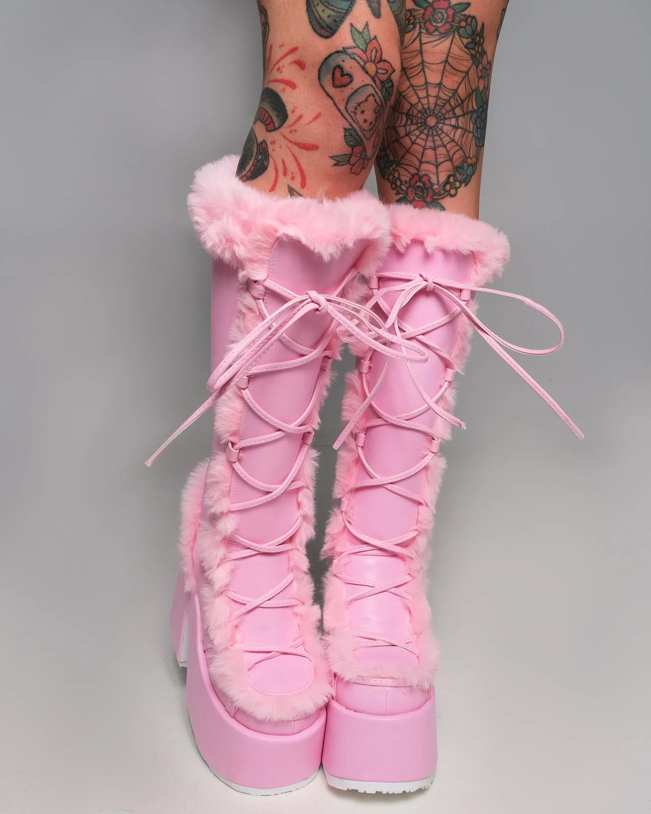 Demonia Pastel Pink Furry Winter Faux Fur Boots