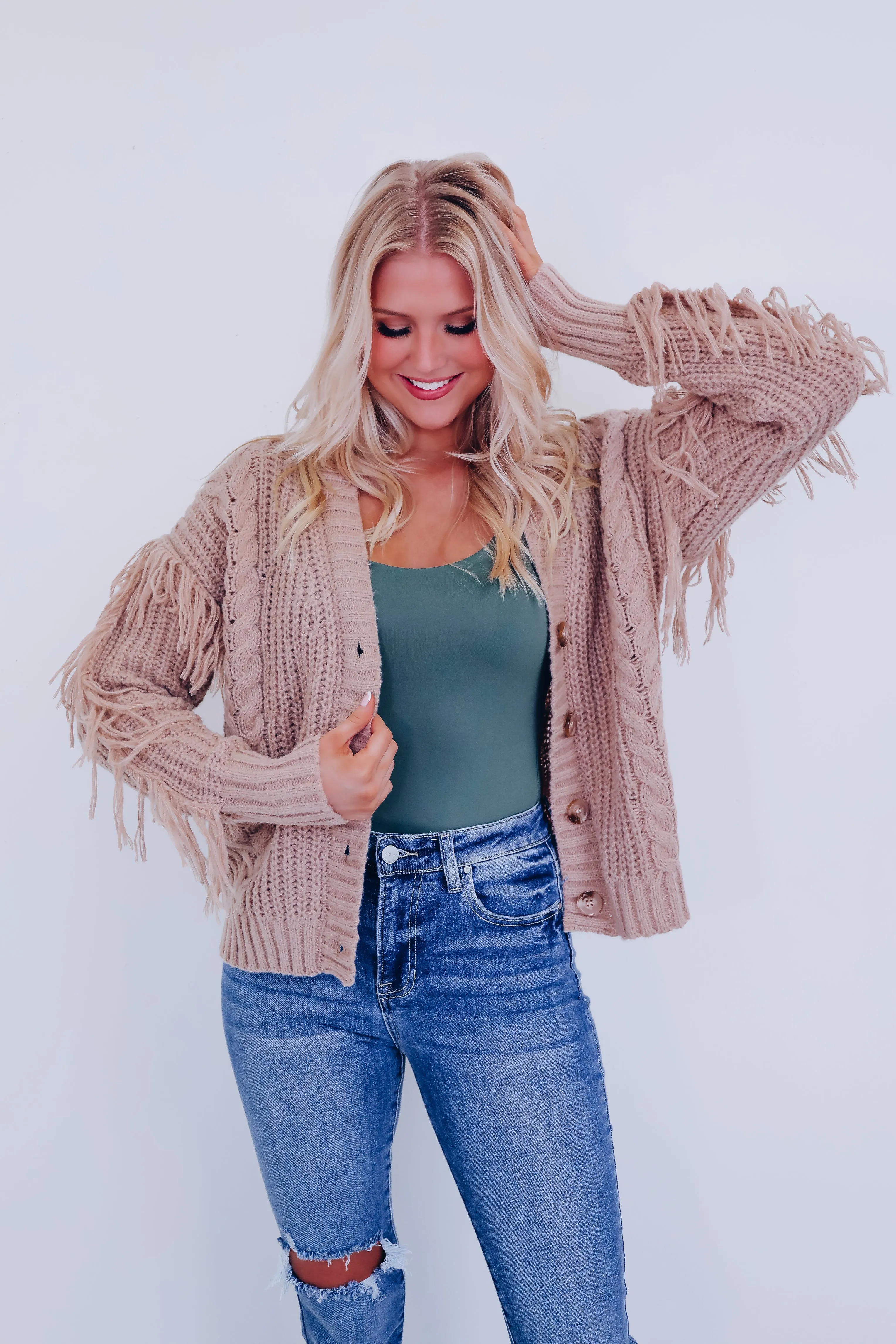 Furry Fringe Cable Knit Cardigan