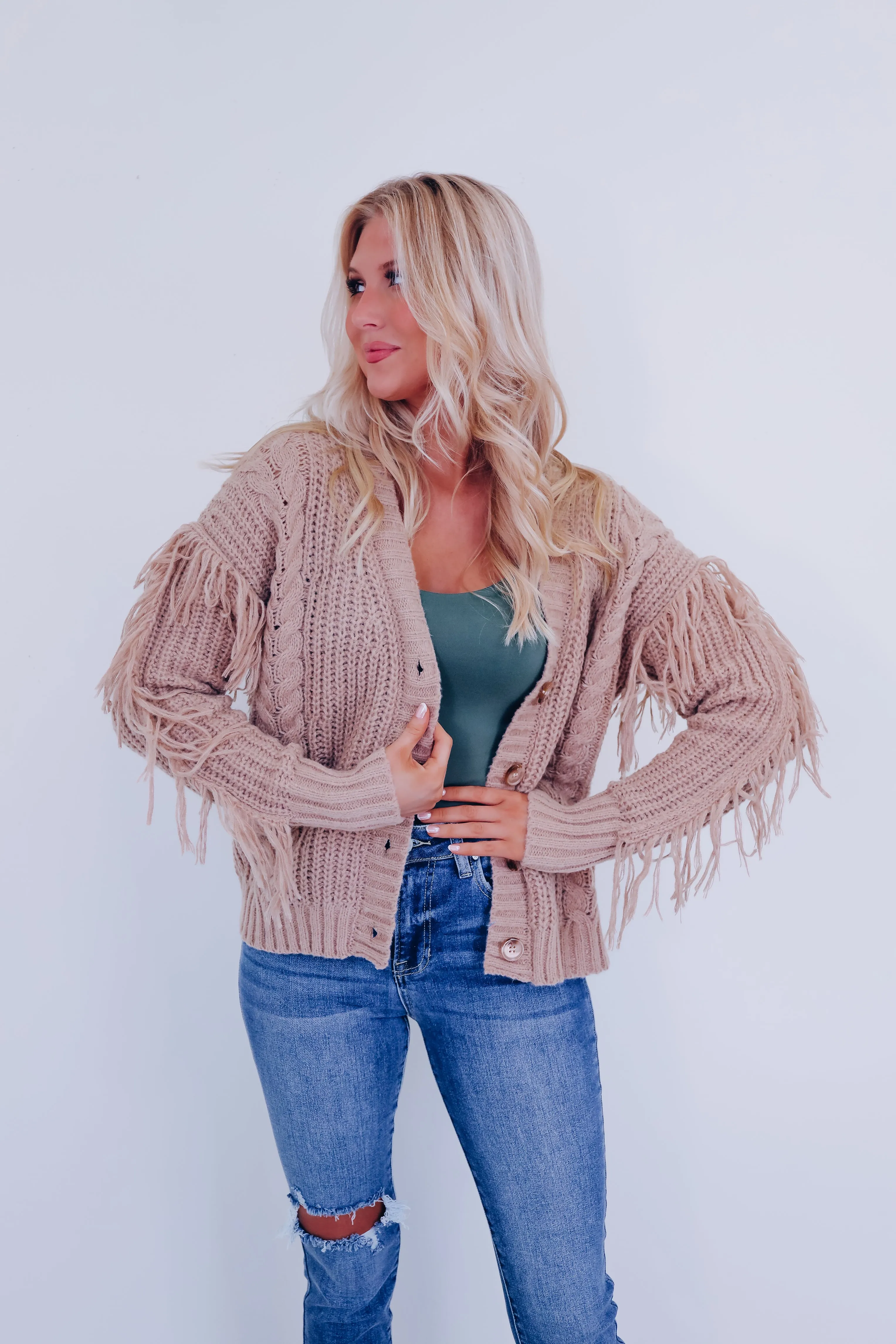 Furry Fringe Cable Knit Cardigan