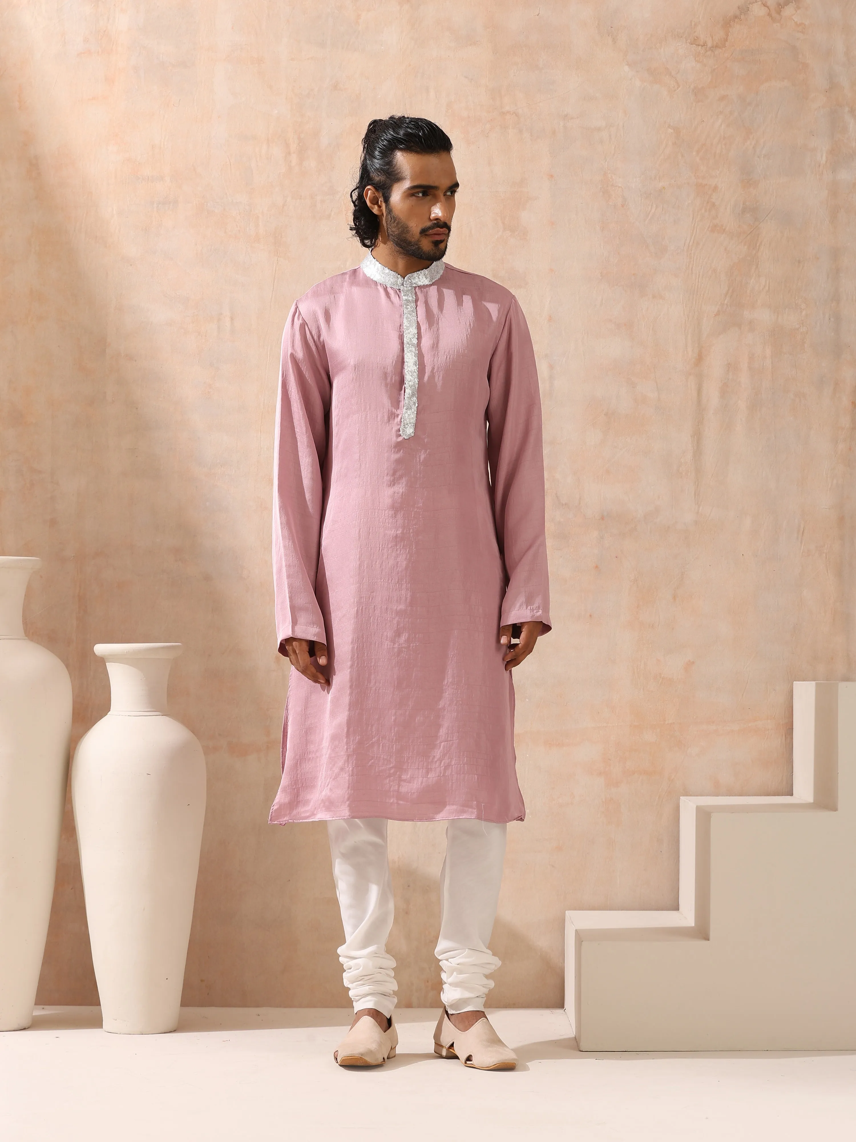 Mens Pink Kurta with Silver Sequin Placket and Collar