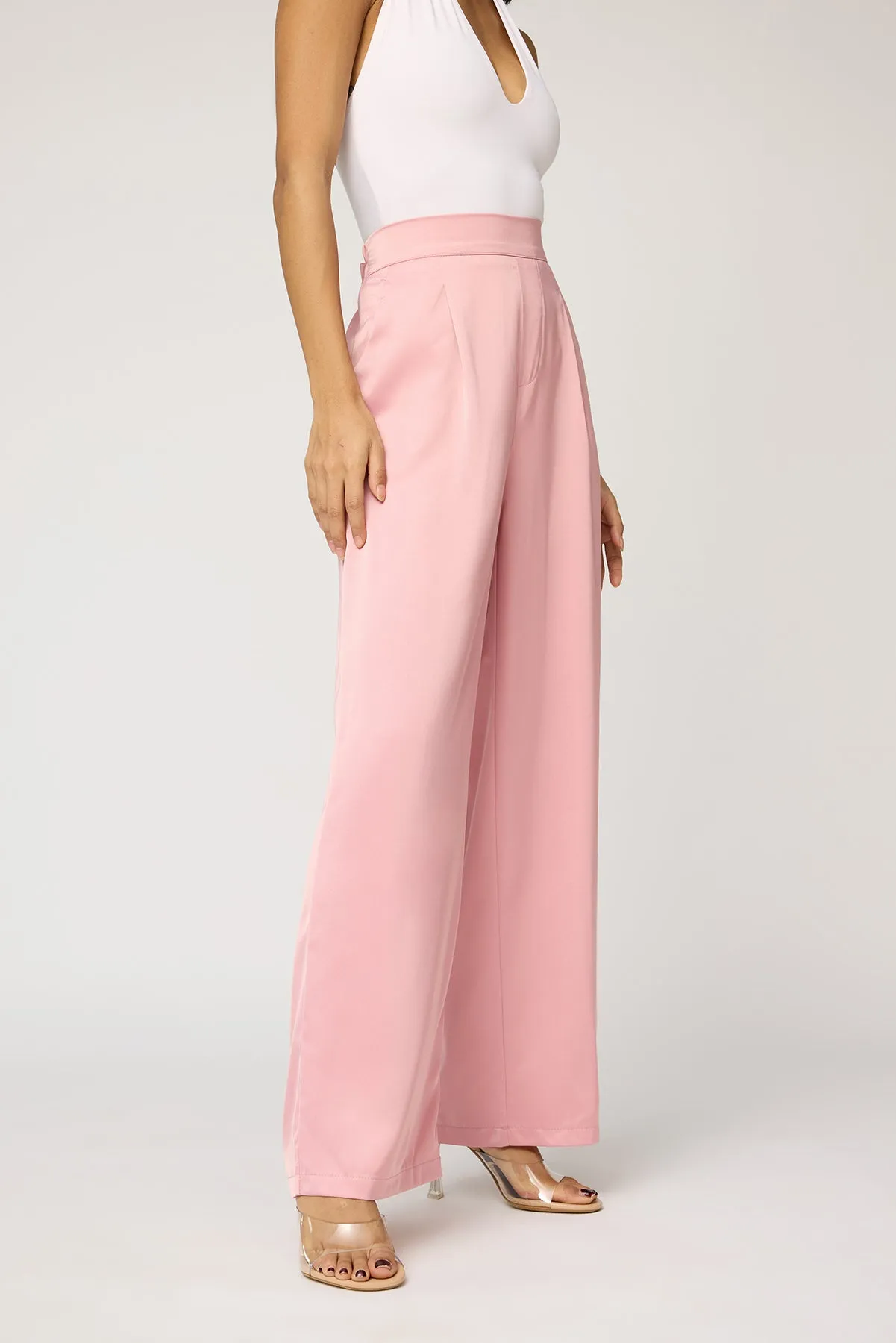 Pale Pink Satin Straight Korean Pants