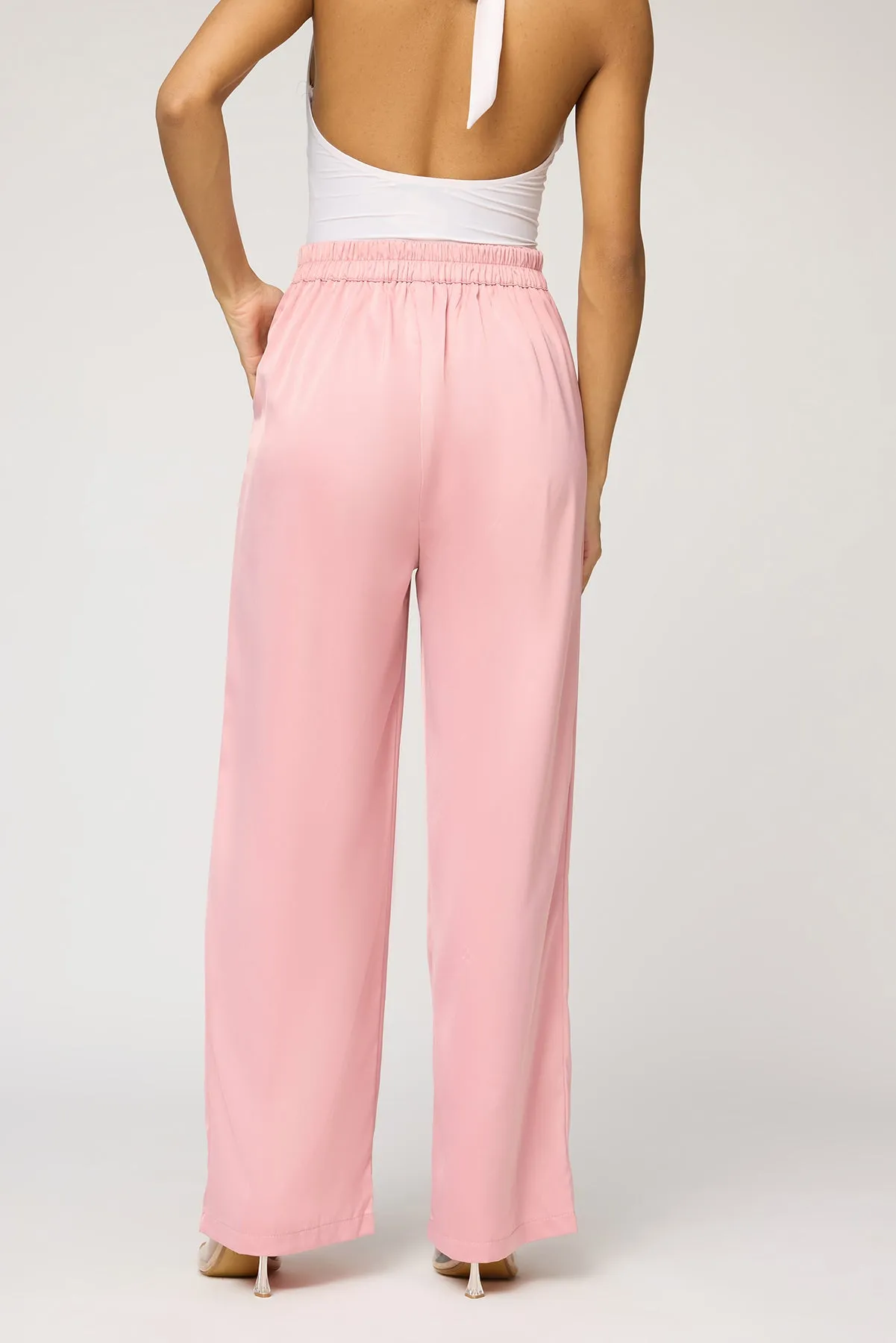 Pale Pink Satin Straight Korean Pants