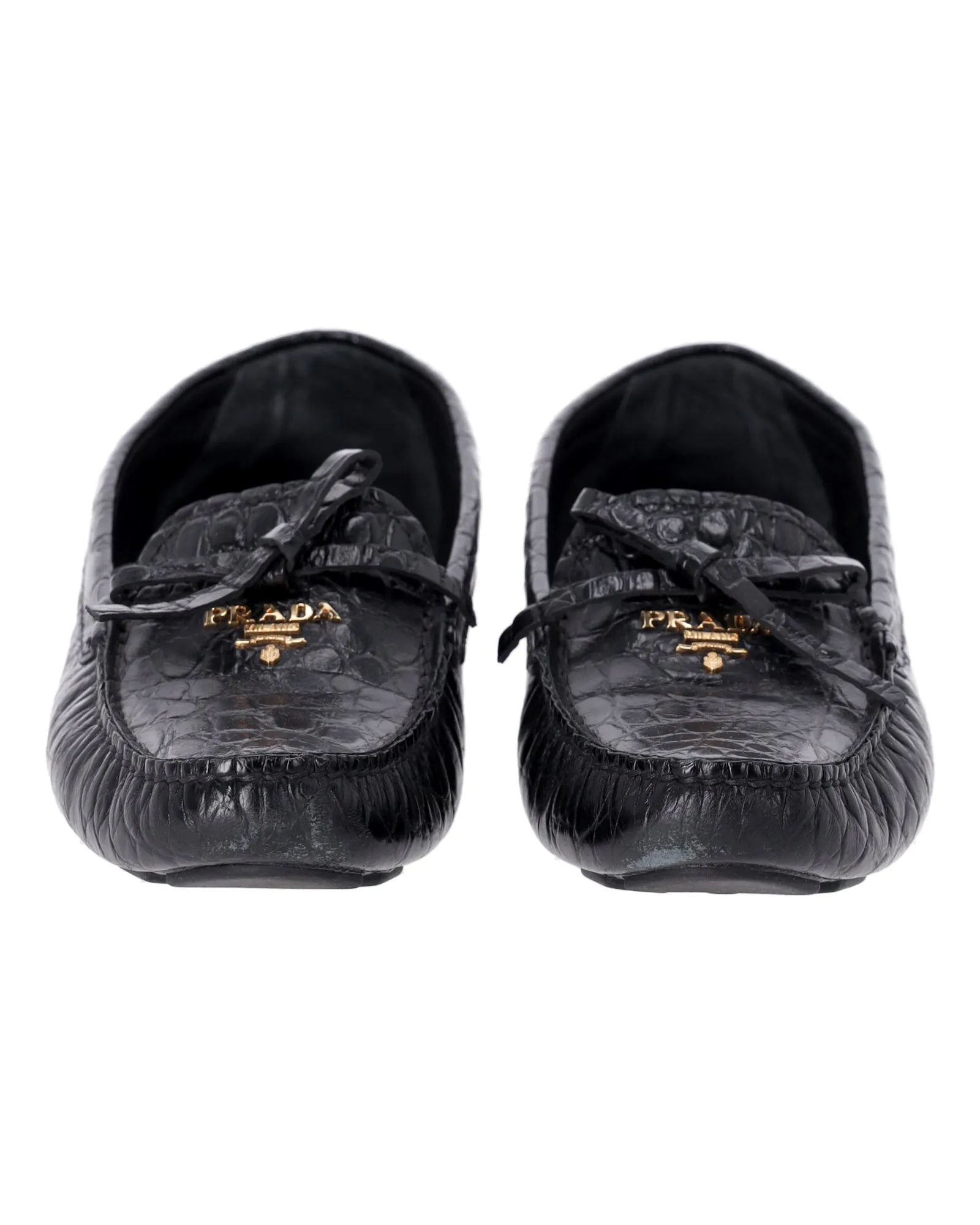 Prada Bow Loafers in Black Croc-Embossed Leather