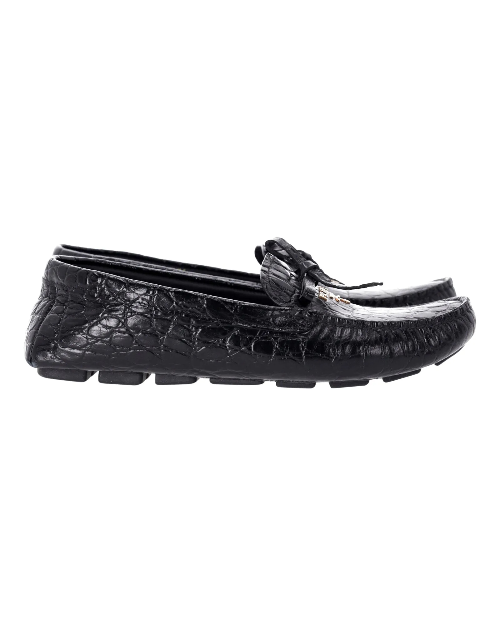 Prada Bow Loafers in Black Croc-Embossed Leather