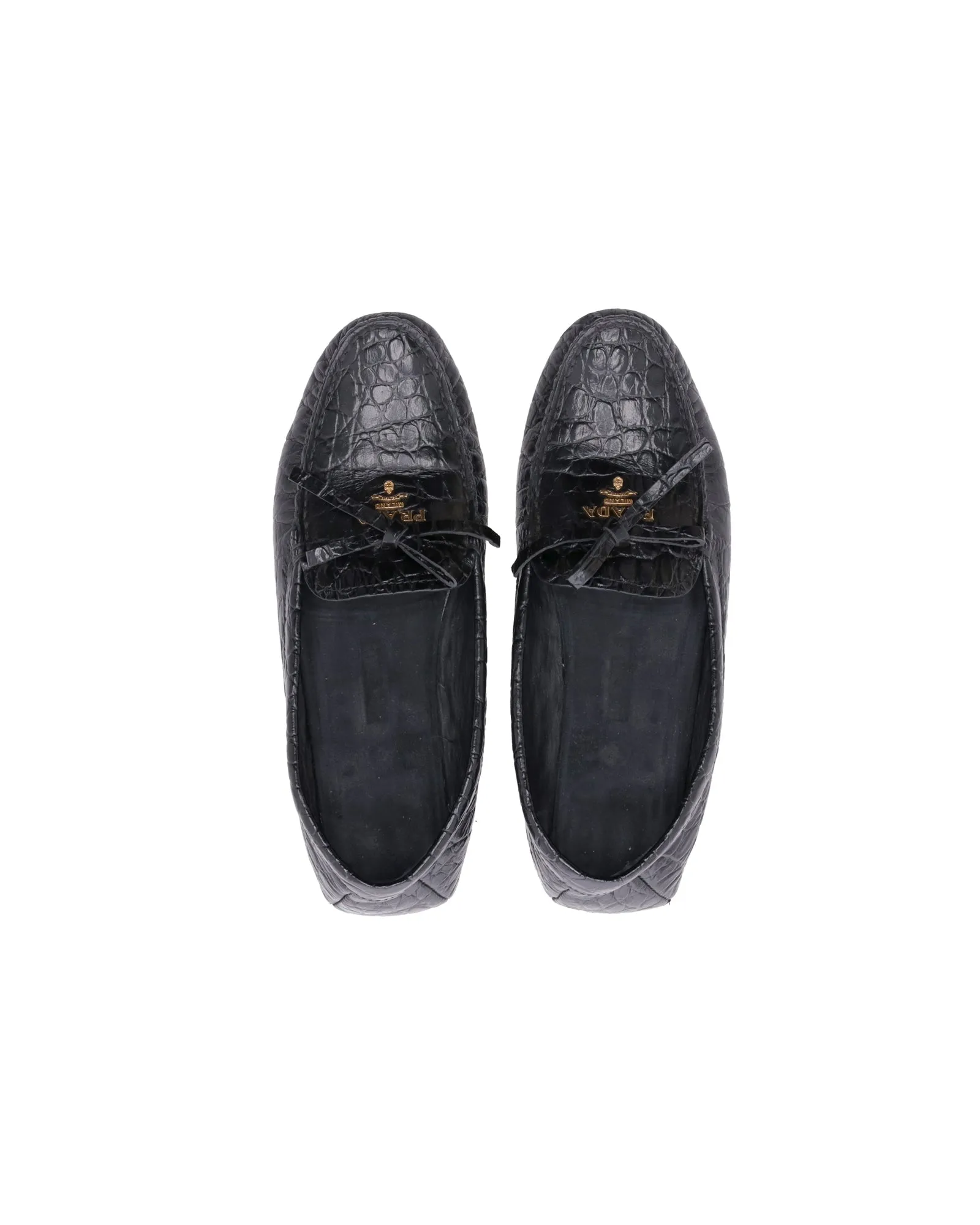 Prada Bow Loafers in Black Croc-Embossed Leather