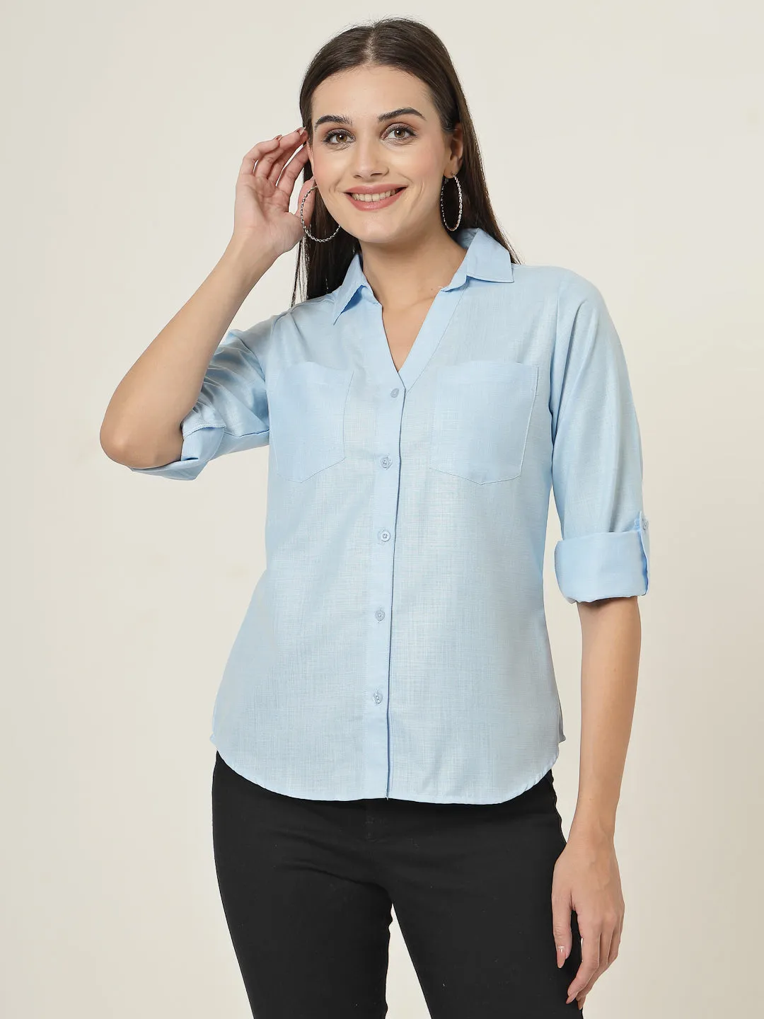 Style Quotient Women Blue Solid Double Pocket Shirt