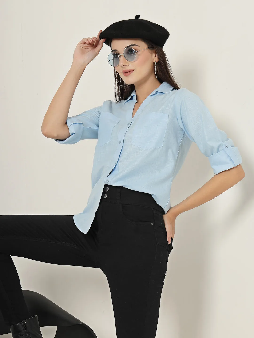 Style Quotient Women Blue Solid Double Pocket Shirt