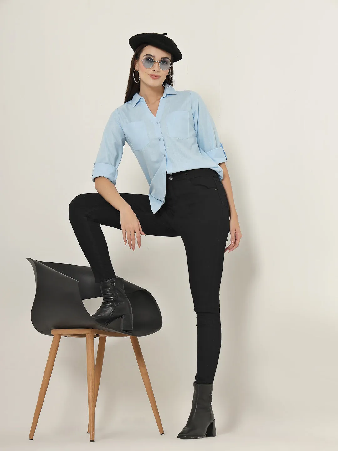 Style Quotient Women Blue Solid Double Pocket Shirt