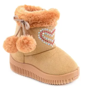 Super Furry Rhinestone Hearts Infant Baby Fashion Pom Winter Boots