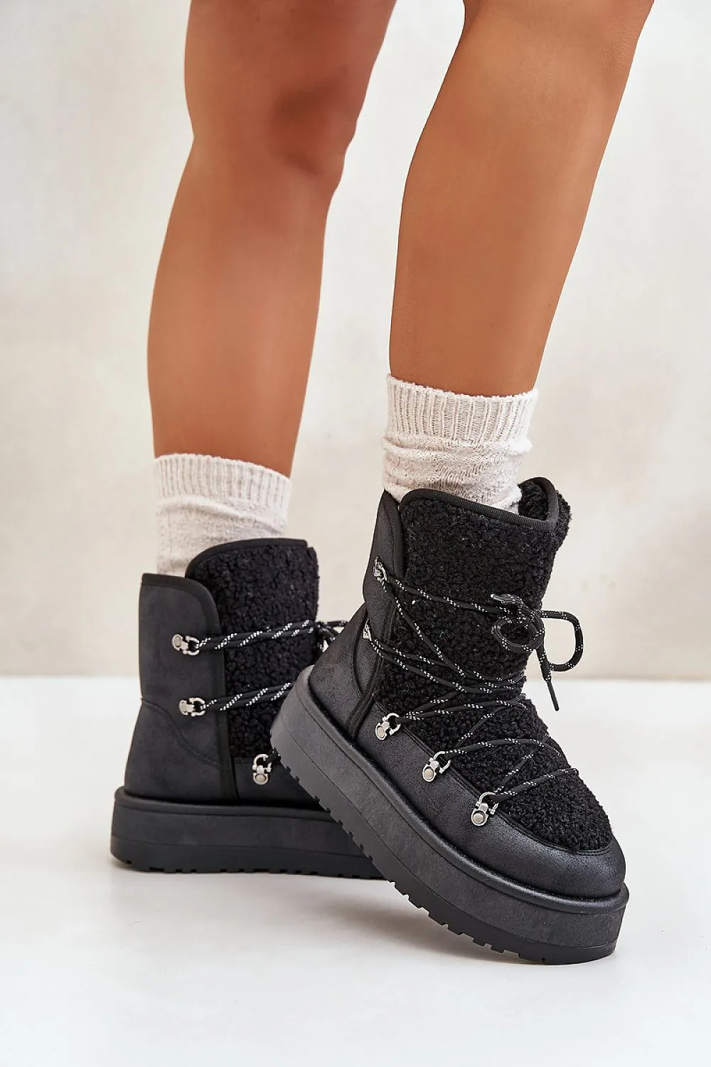 TEEK - Black Canoe Laced Furry Snow Boots