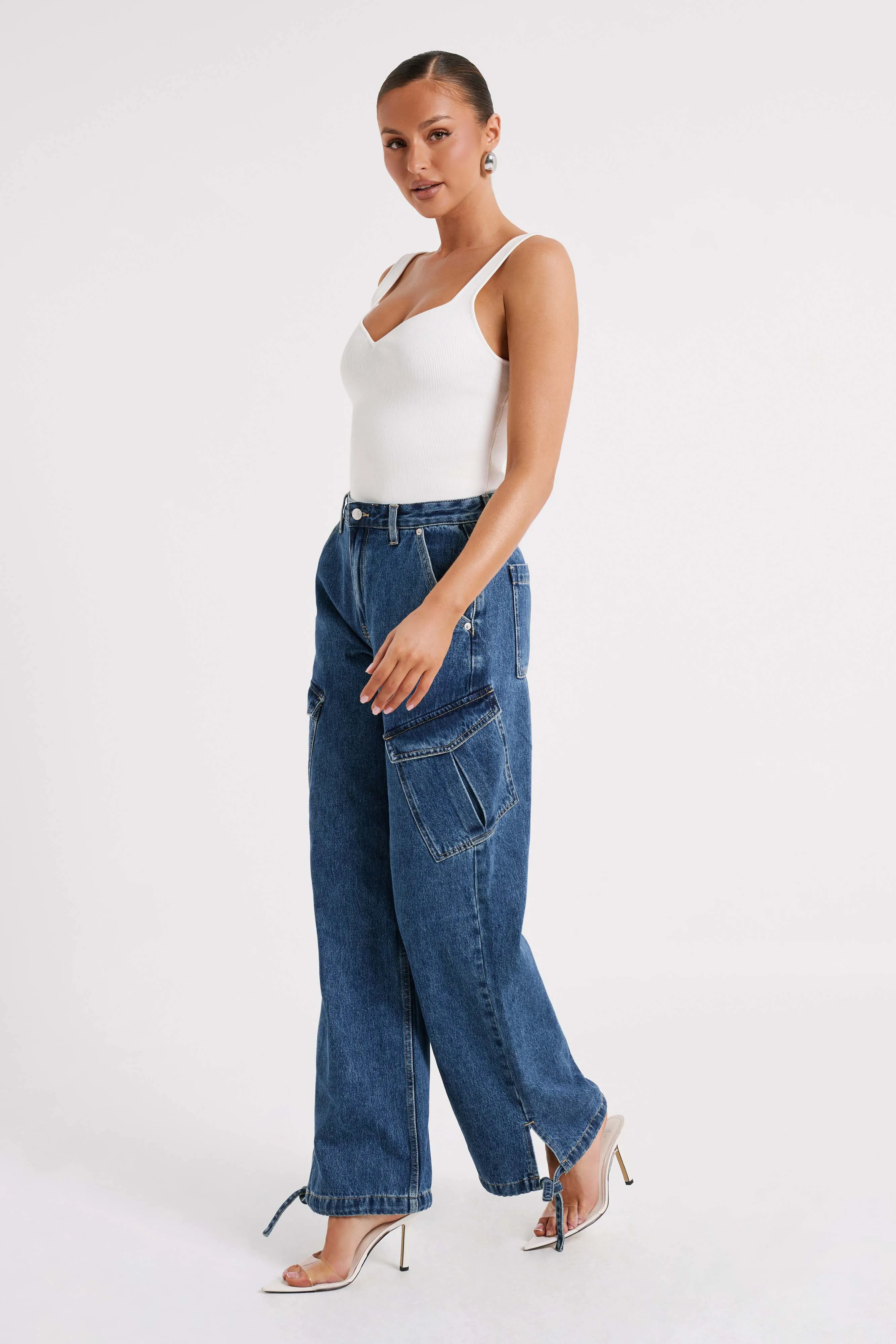 Thelma Relaxed Denim Cargo Pants - Dark Blue