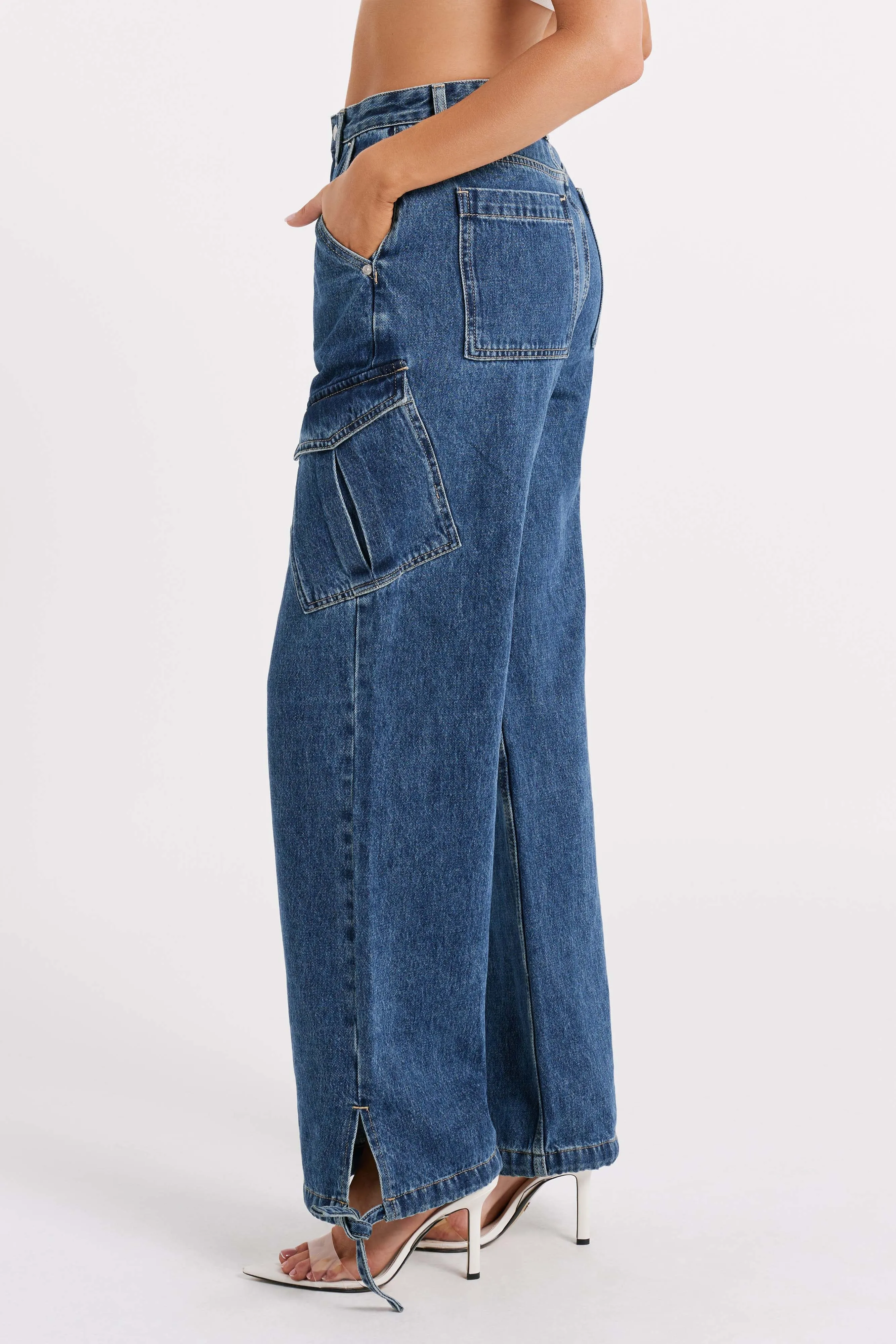 Thelma Relaxed Denim Cargo Pants - Dark Blue