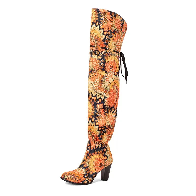 Trendy Thigh High Floral Boots With Strings