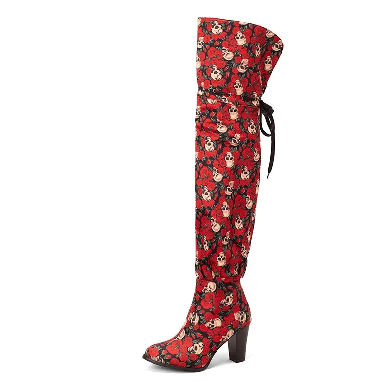 Trendy Thigh High Floral Boots With Strings