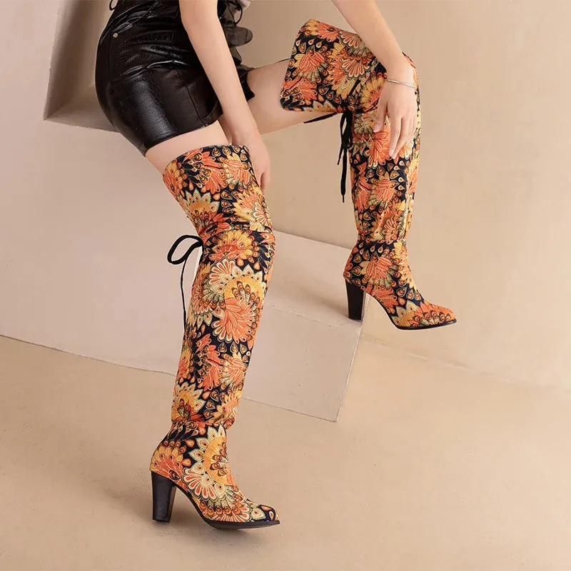 Trendy Thigh High Floral Boots With Strings