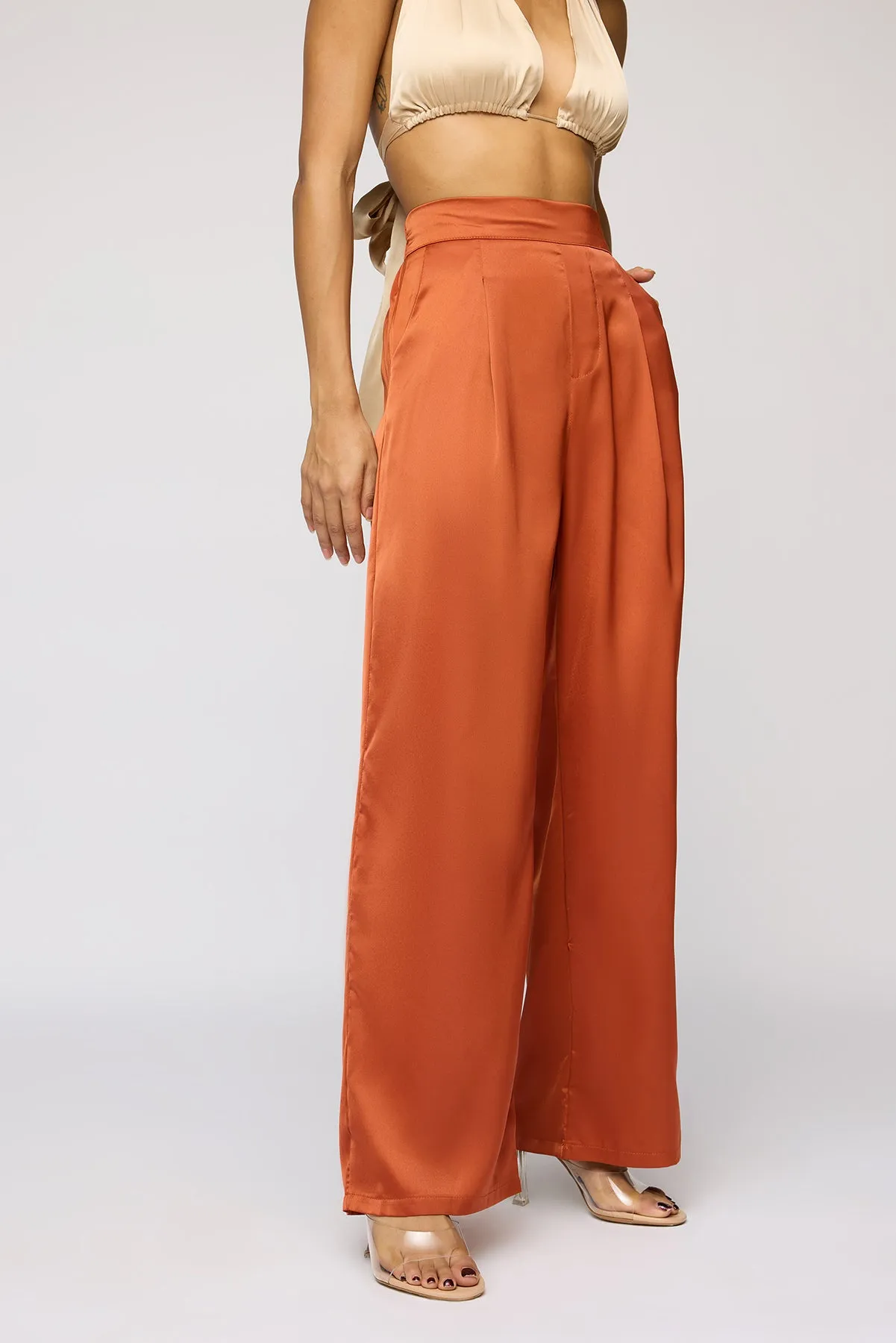 Warm Amber Satin Straight Korean Pants