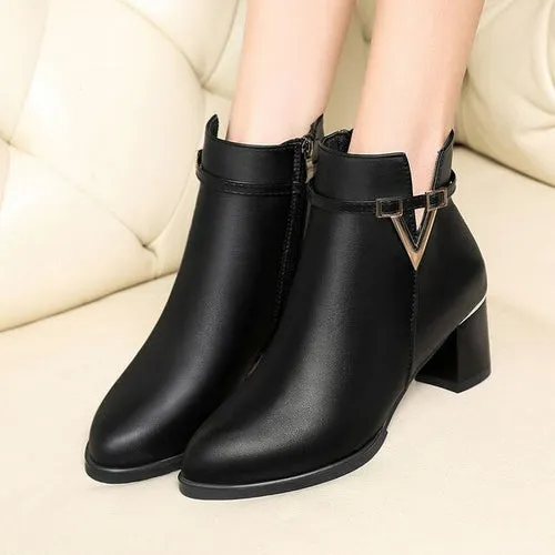 Winter Women's Ankle Boots Black Plus Cotton Warm PU Leather