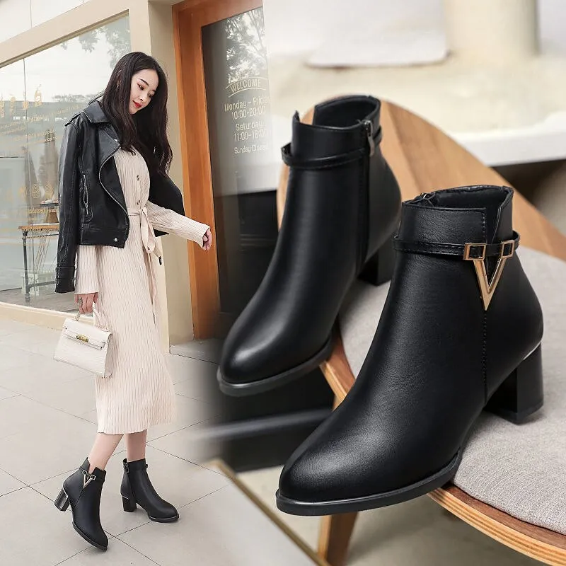 Winter Women's Ankle Boots Black Plus Cotton Warm PU Leather