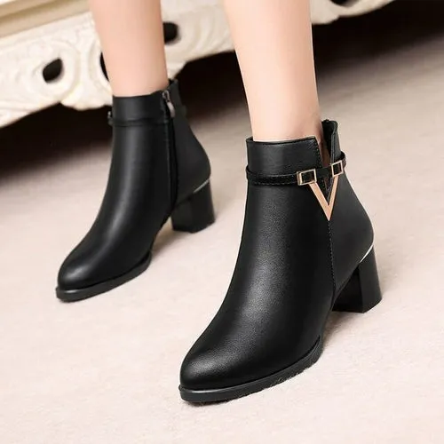 Winter Women's Ankle Boots Black Plus Cotton Warm PU Leather