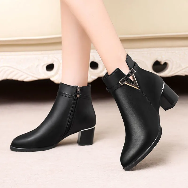 Winter Women's Ankle Boots Black Plus Cotton Warm PU Leather