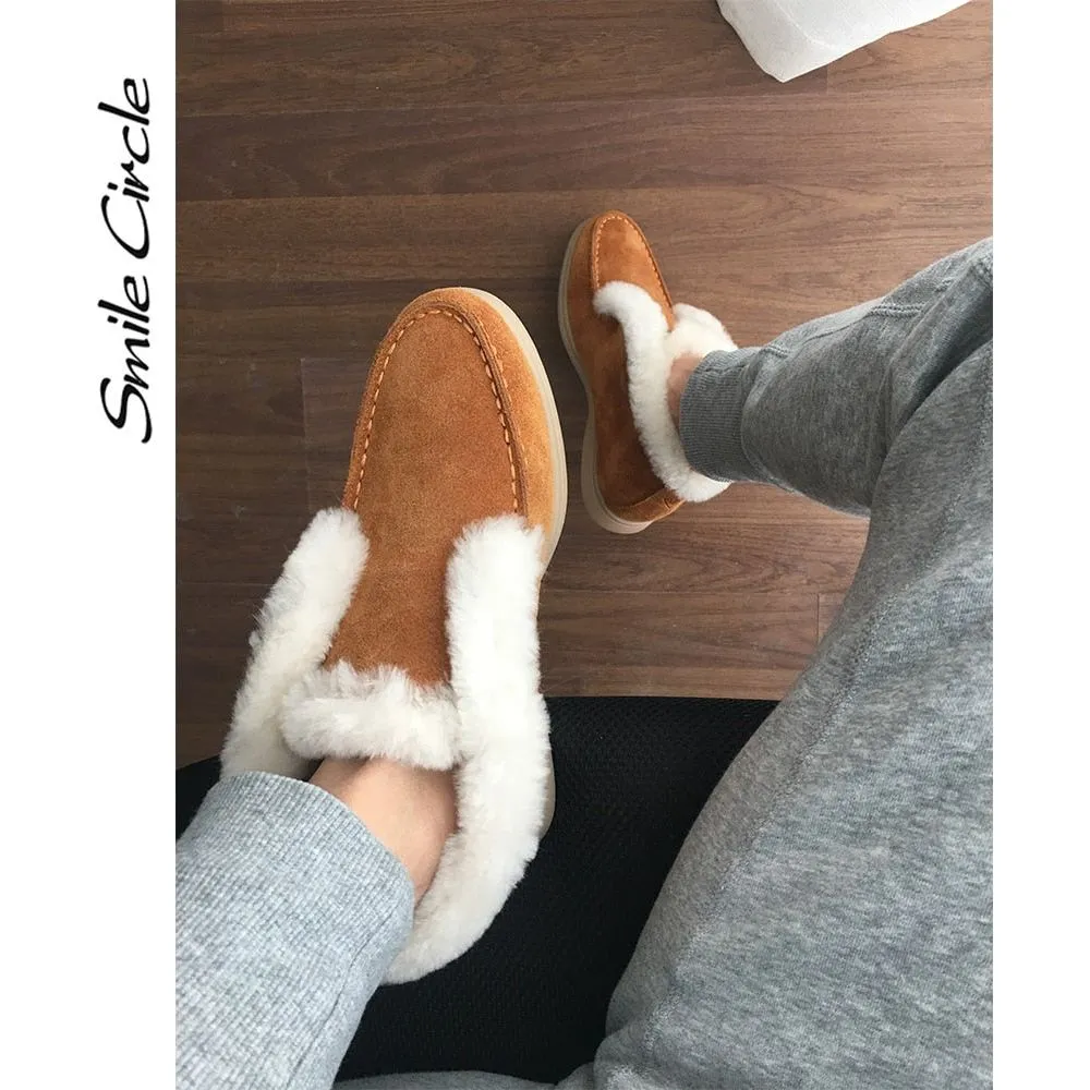 Women's Genuine Cow-Suede Leather Ankle Natural Fur Warm Winter Slip-On Boots