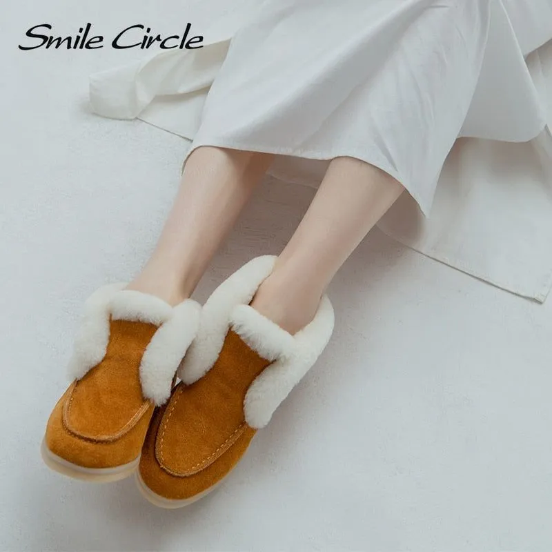 Women's Genuine Cow-Suede Leather Ankle Natural Fur Warm Winter Slip-On Boots