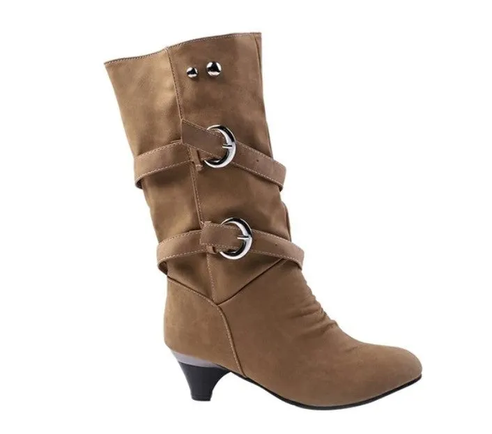 Women's Winter Warm Mid-Calf Boots With Decorative Buckles