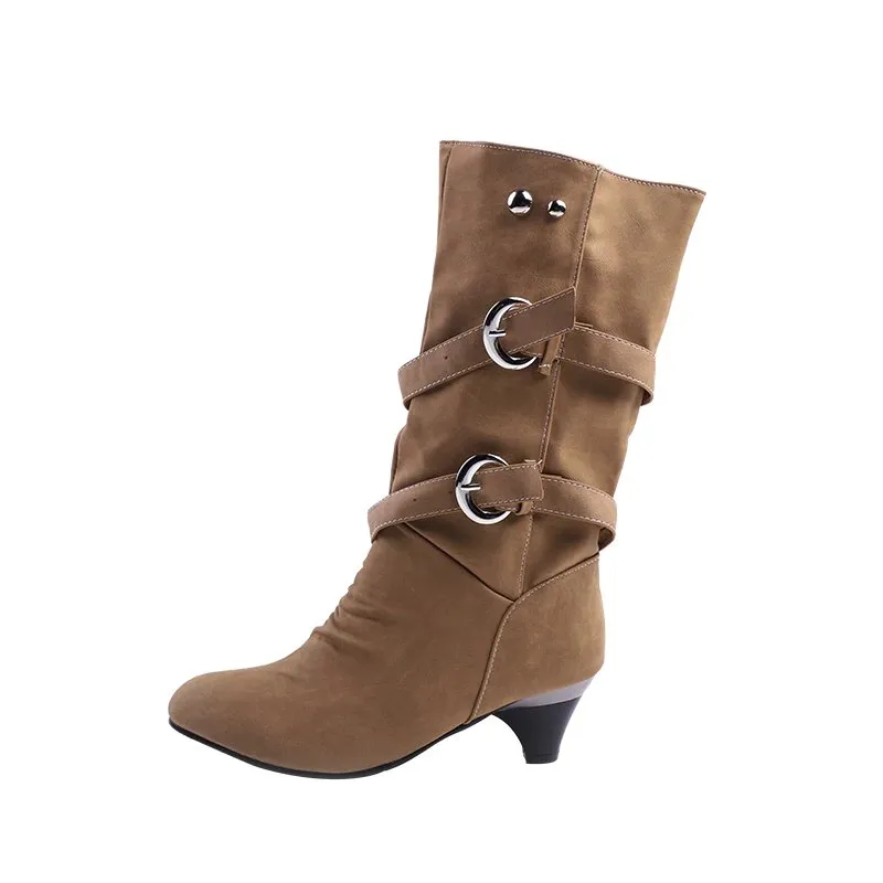 Women's Winter Warm Mid-Calf Boots With Decorative Buckles